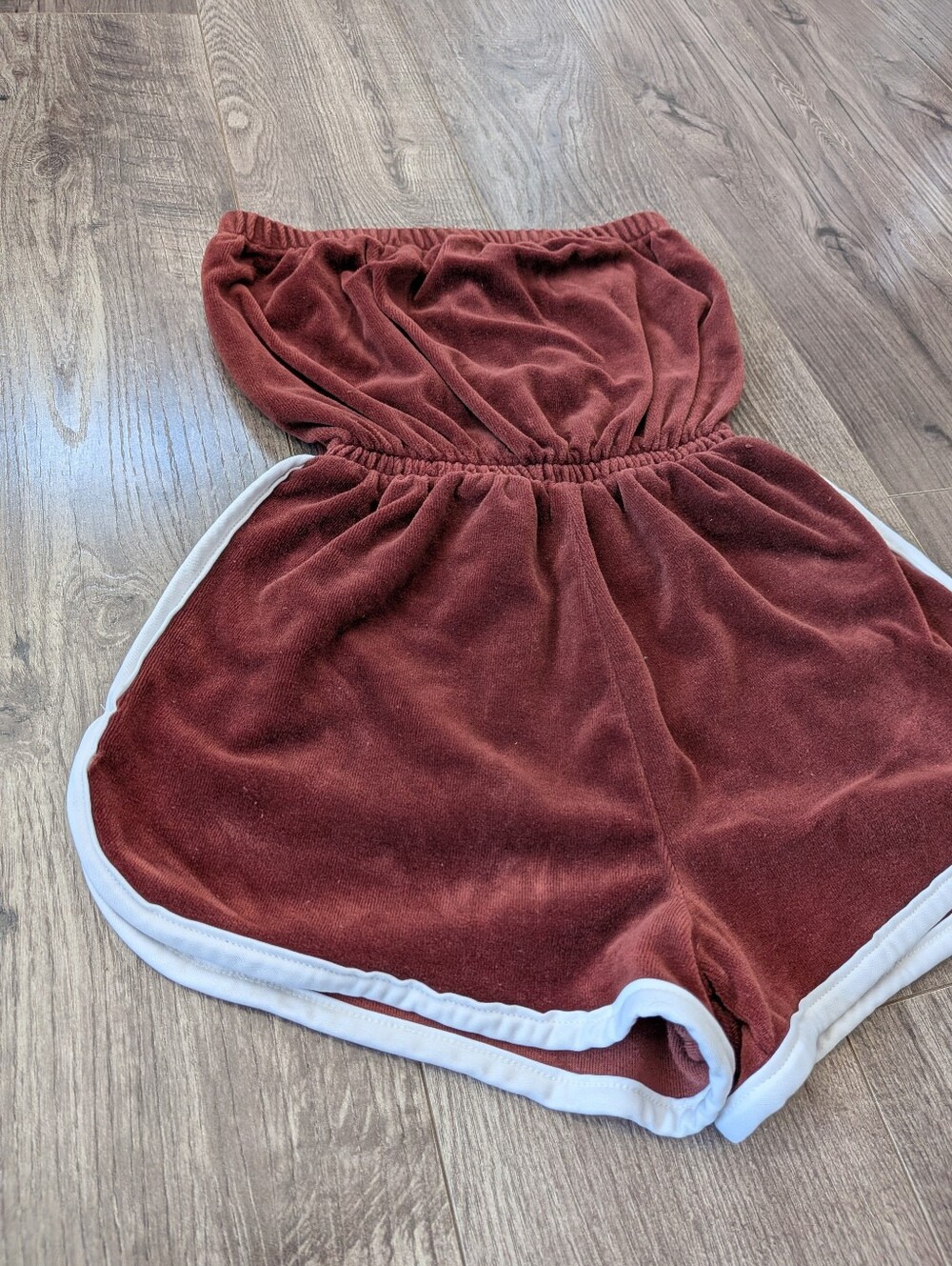 Vintage Brown Velour Strapless Shorts Romper with White Trim - Picture 10 of 11